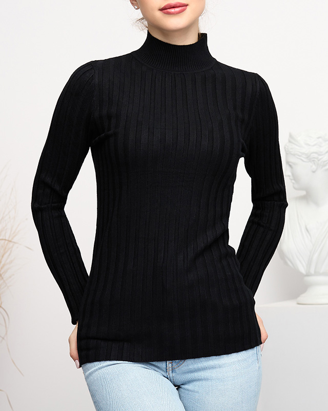 Schwarzer gerippter Damenpullover mit Stehkragen - Kleidung