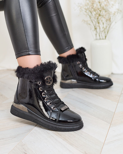 Royalfashion Лаковані чорні жіночі утеплені кросівки Rebucca