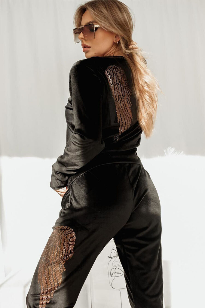 Royalfashion Schwarzes Velours-Damen-Trainingsanzug-Set