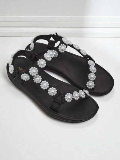 Royalfashion Perseida Damen Plateausandalen Schwarz mit Perlen