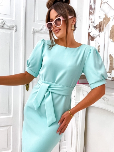 Royalfashion knielanges Damenkleid mit puffärmel und Gürtel