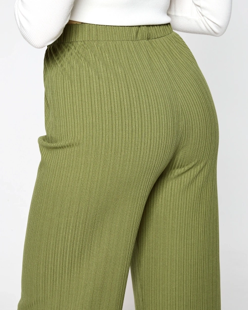 Зелені жіночі широкі брюки в рубчик - Одяг