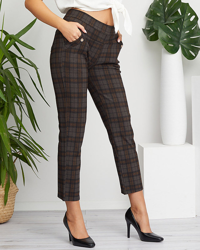 Dunkelbraune karierte Damen-Treggings mit Ornament an den Taschen - Kleidung
