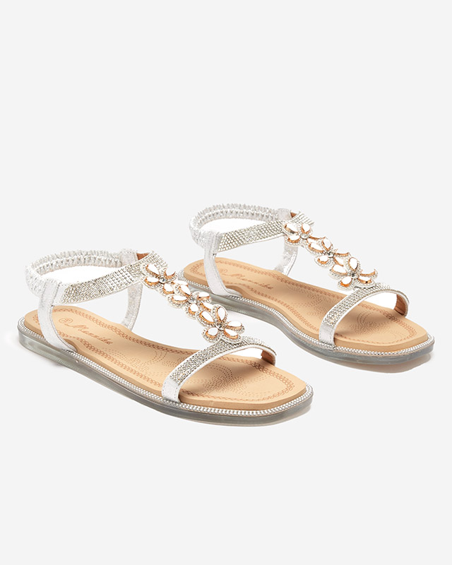 Silberne Damensandalen Soritis mit Blumen - Schuhe