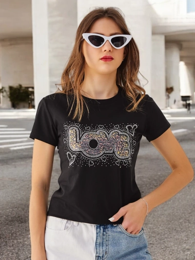 Royalfashion Baumwoll Damen T-Shirt LOVE mit Strass