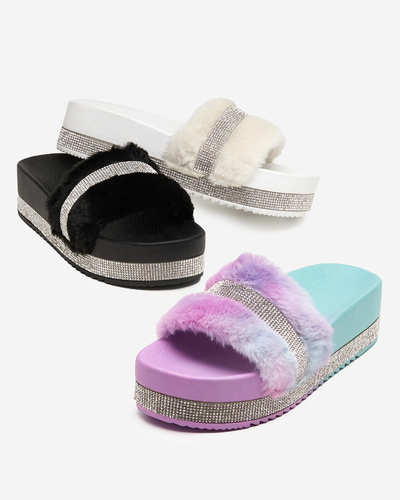 Weiße Damenhausschuhe mit Fell und Zirkonia Zerika - Footwear