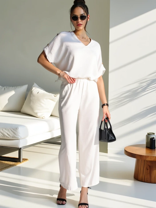 Royalfashion Жіночий повсякденний комплект з коротким рукавом та широкими штанами