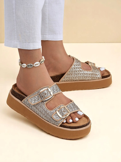 Royalfashion Damen Pantoletten mit Plateausohle Nora Woven