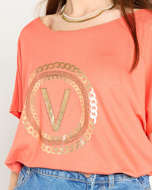 Помаранчева жіноча футболка з золотим принтом