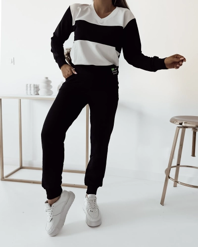 Royalfashion Schwarzes gestreiftes Damen-Sweatshirt-Set