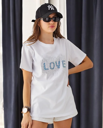 Royalfashion Damen Baumwoll-T-Shirt LOVE mit Strasssteinen