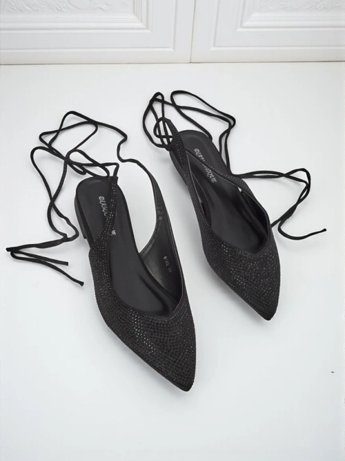 Сандалі Damiane Nero - Чорні балетки на зав'язках з тканини, плоский каблук