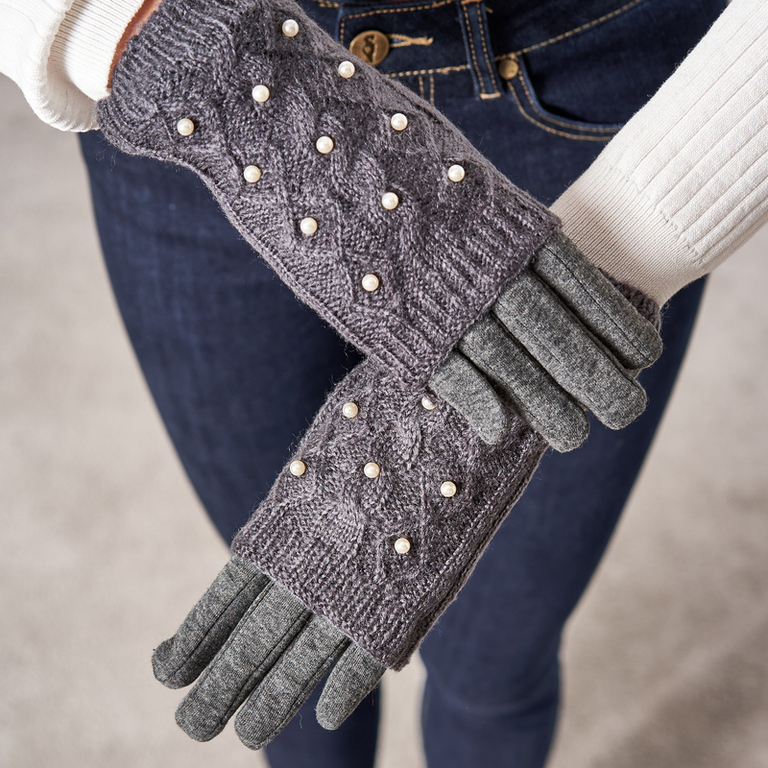 Dunkelgraue Damenfäustlinge mit Perlen - Fäustlinge