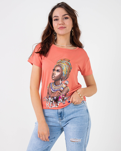 Orangefarbenes Damen-T-Shirt mit buntem Aufdruck und Pailletten - Kleidung
