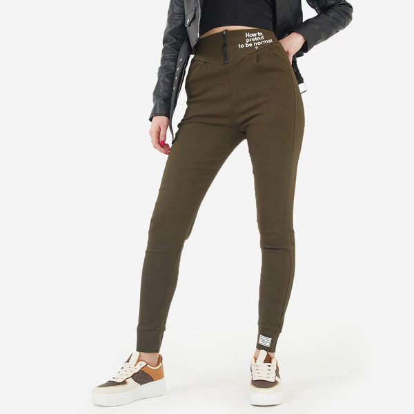 Grüne Stoff-Treggings für Damen mit dekorativen Aufschriften - Kleidung