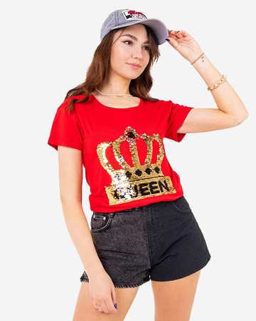 Червона жіноча футболка з короною і паєтками