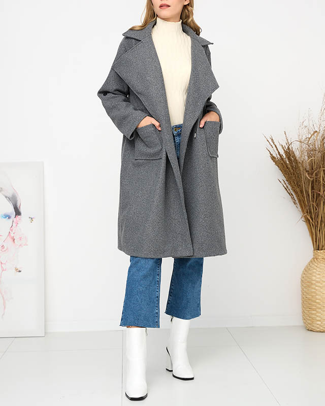 Пальто жіноче довге без застібок сірого кольору - Одяг