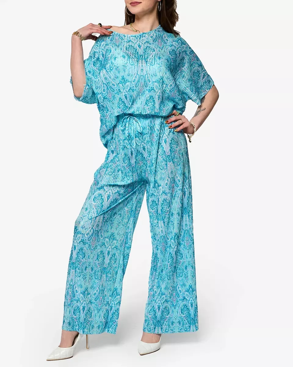 Синій ребристий жіночий комплект з принтом - Одяг