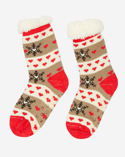 Бежево-червоні жіночі шкарпетки з різдвяним візерунком - Білизна