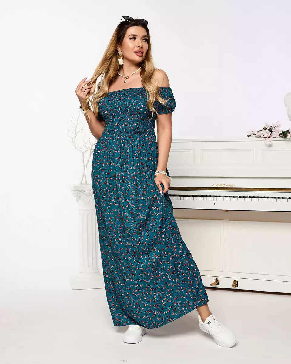 Бірюзова жіноча квітчаста сукня міді - Одяг