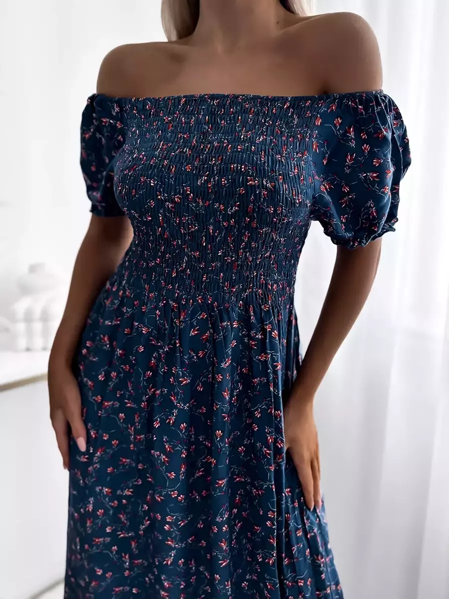 Бірюзова жіноча сукня міді в квіточку - Одяг