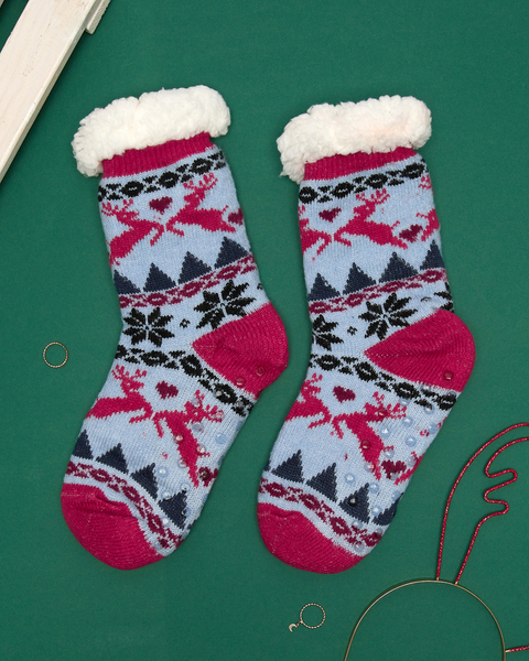 Червоно-сині жіночі шкарпетки з новорічним візерунком - Нижня білизна