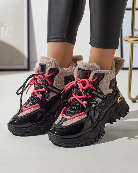 Чорні жіночі спортивні кросівки з хутром та неоново-рожевими шнурками Adbo- Footwear