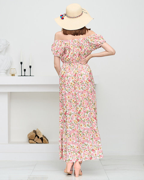 Довге літнє біле плаття для жінок з рожевими квітами - Одяг