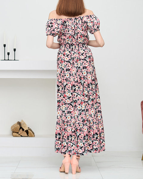 Довге літнє чорне жіноче плаття з ніжно-рожевими квітами - Одяг