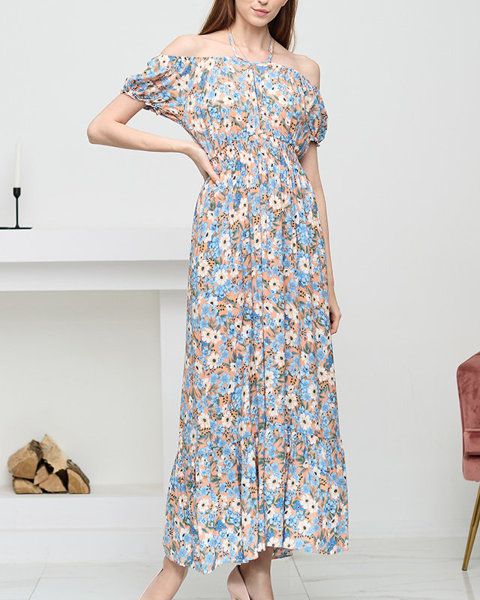 Довге помаранчеве літнє жіноче плаття з блакитними квітами - Одяг