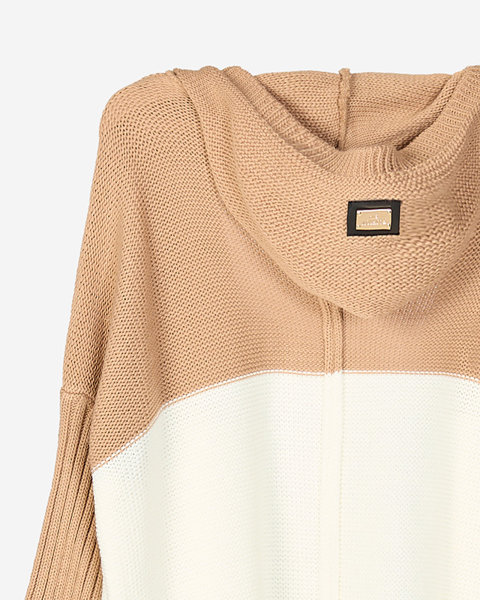 Довгий жіночий светр-накидка коричнево-кремово-сірого кольорів