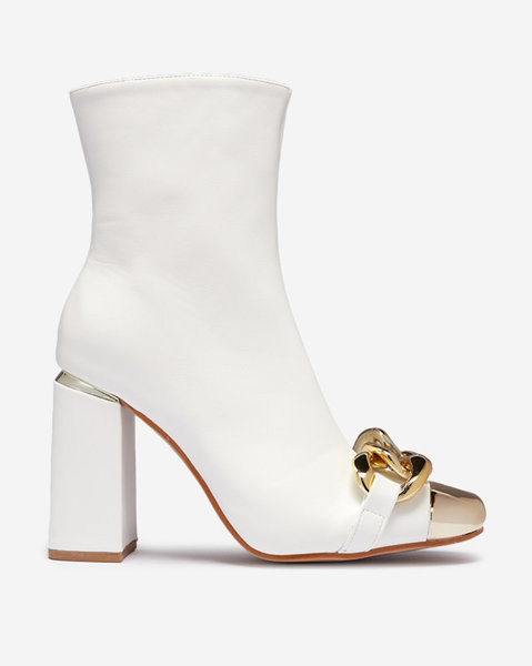 OUTLET Білі жіночі чоботи на високих підборах з золотими прикрасами Amiop- Footwear