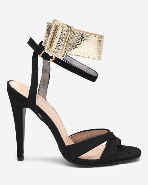 OUTLET Жіночі босоніжки на чорних високих підборах із золотистою смужкою Magnessias - Взуття