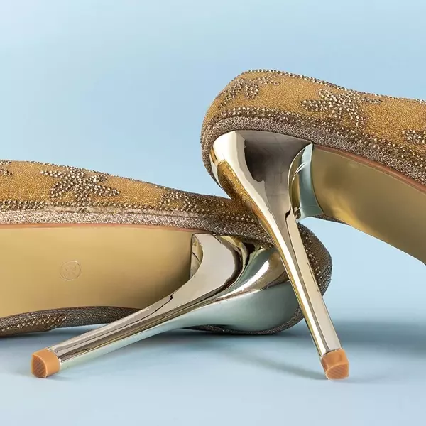 OUTLET Золоті парчані жіночі високі підбори з фіанітом Yilla - Взуття