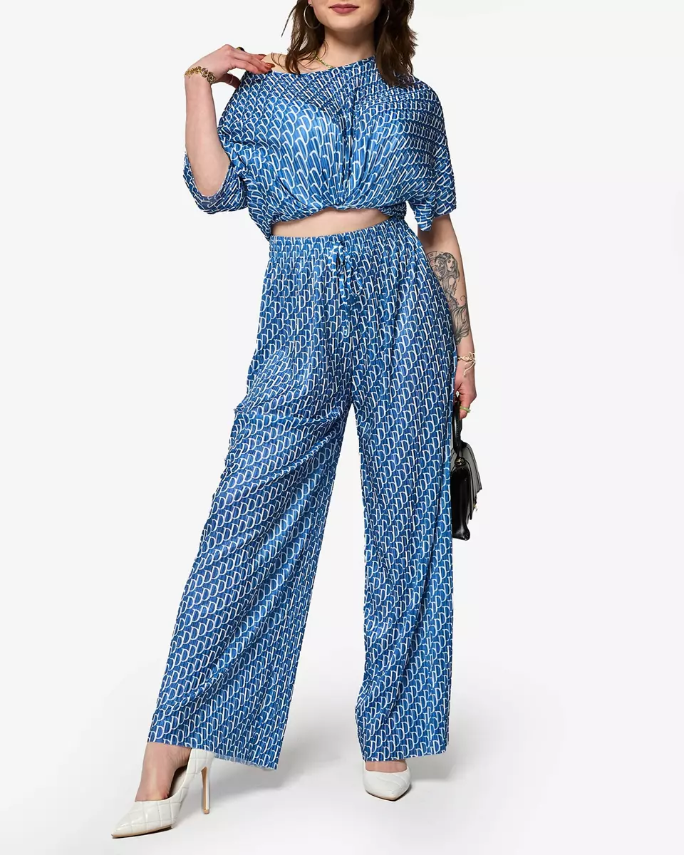 Синій жіночий плісирований комплект з візерунком - Одяг