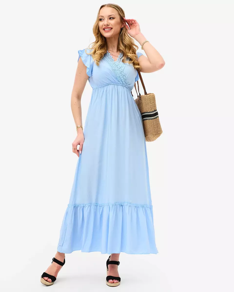 Жіноча блакитна довга сукня з мереживом - Одяг