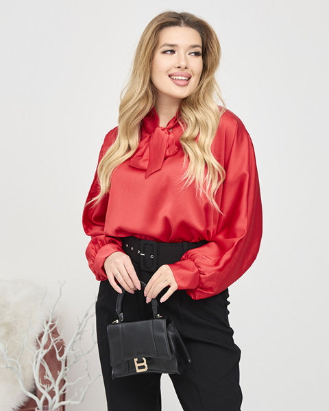 Жіноча червона довга атласна блуза на зав'язках - Одяг