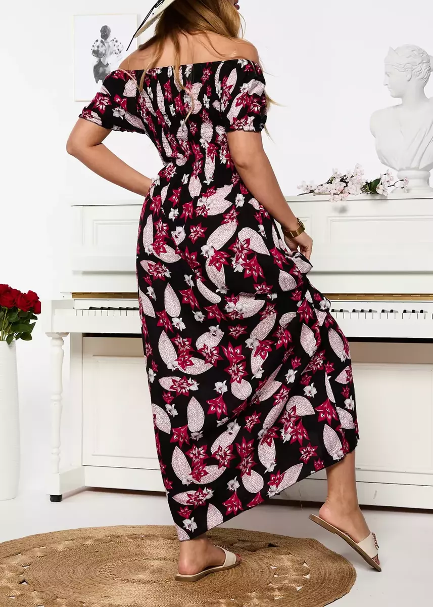 Жіноча чорна сукня міді з рожевим квітковим візерунком - Одяг