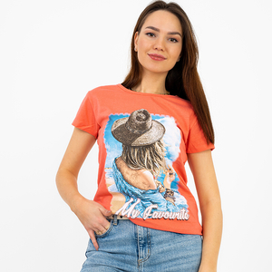 Жіноча футболка кольору корал з принтом