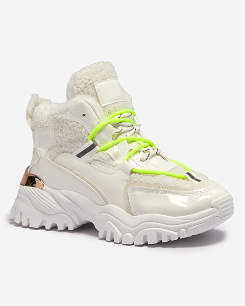 Жіночі спортивні кросівки білі з хутром та неоново-зеленими шнурками Sagglo- Footwear